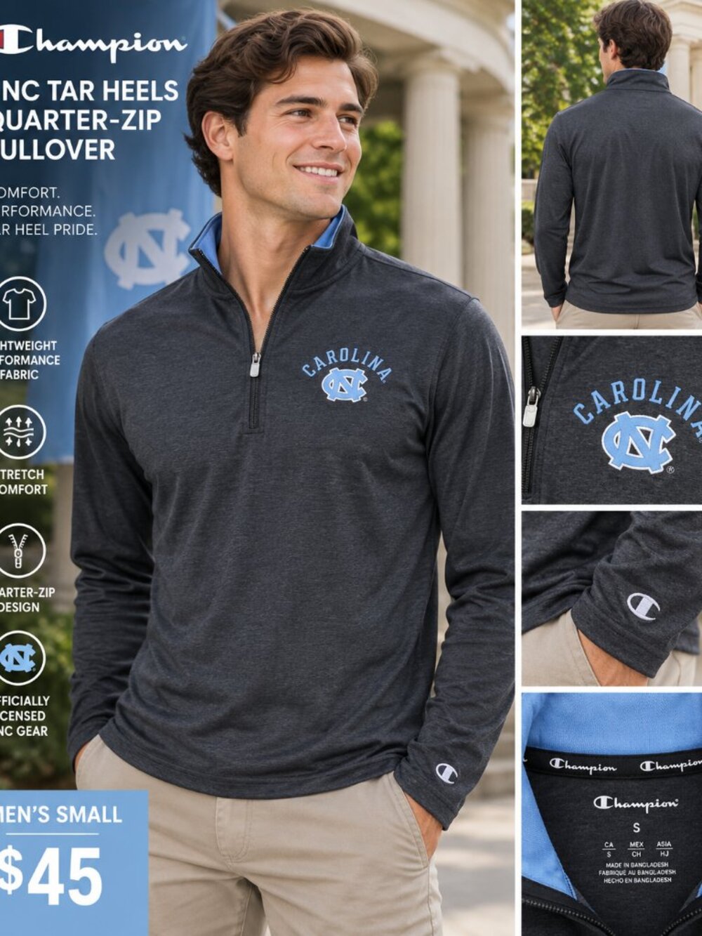 🏀🔥 CHAMPION UNC TAR HEELS QUARTER-ZIP – NWT – MEN’S SMALL 🔥🏀
